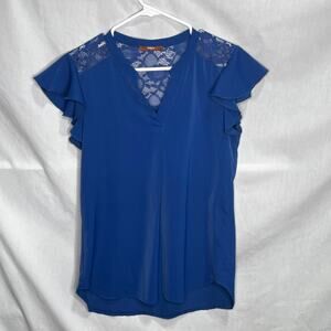 Gaharu Blue V-Neck Flutter Sleeve Lace Shirt S